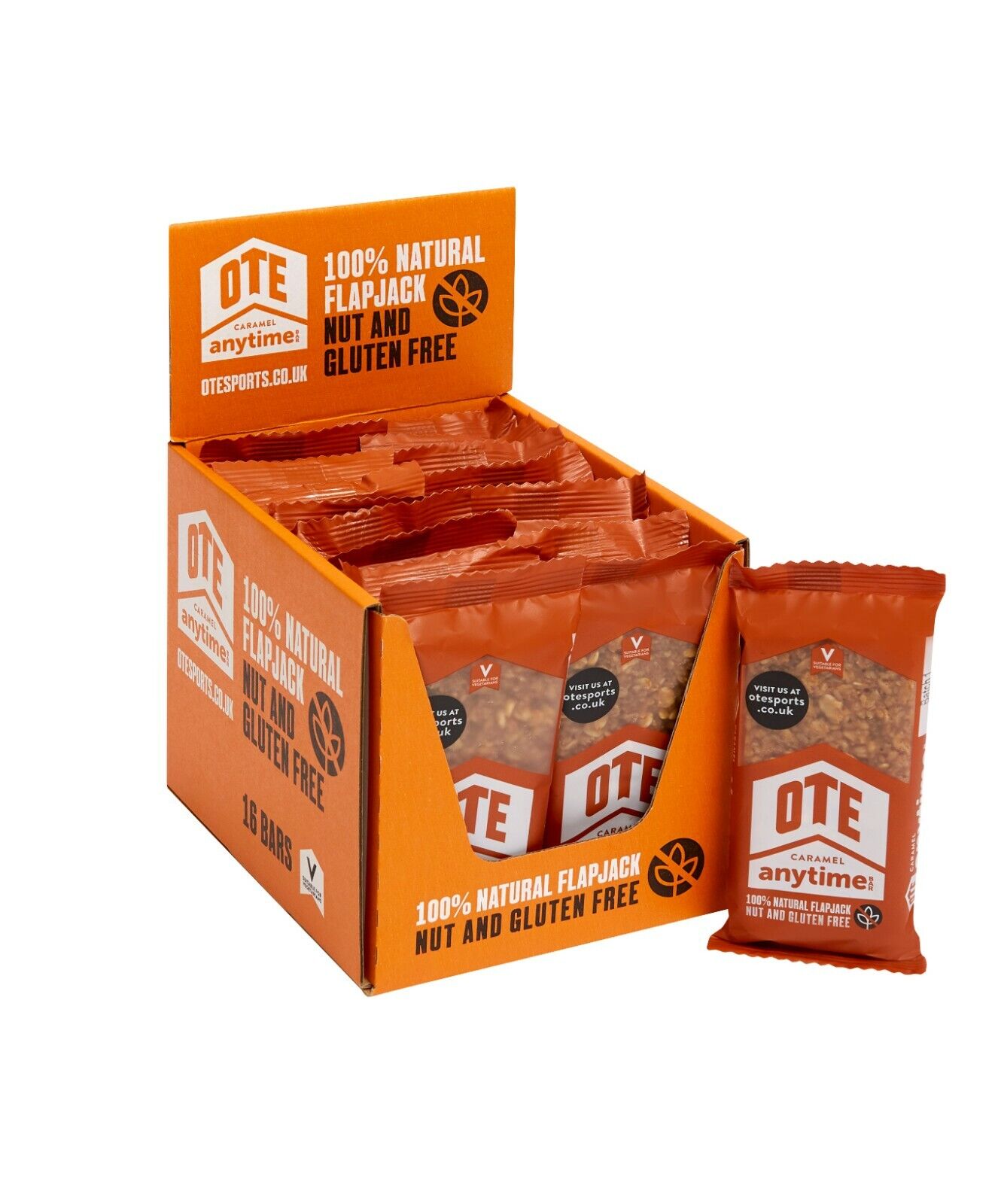 OTE Anytime Bars - Energy Bars for Cycling - High Calorie & Carb Nutrition Snacks for Running - Gluten Free Flapjacks - Box of 16 x 62g (Caramel)