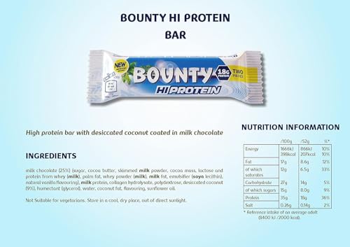 Bounty Hi Protein Bar (12 x 52g), High Protein Energy Snack with Milk Chocolate and Coconut, 18g Protein