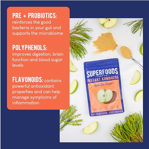 Superfoods Company - Instant Kombucha Drink Powder, Apple Cider Vinegar Flavour, Vegan Pre + Probiotic, Organic Gut Health Support (30 Servings)