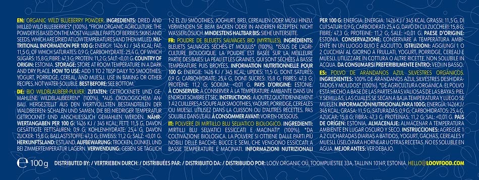 LOOV Wild Blueberry Powder Organic (Pomace Powder), Wild-Crafted from Nordic Forests, Made of Wild Bilberry Skins and Seeds Only, no Added Sugar, High in Fiber, 100 g