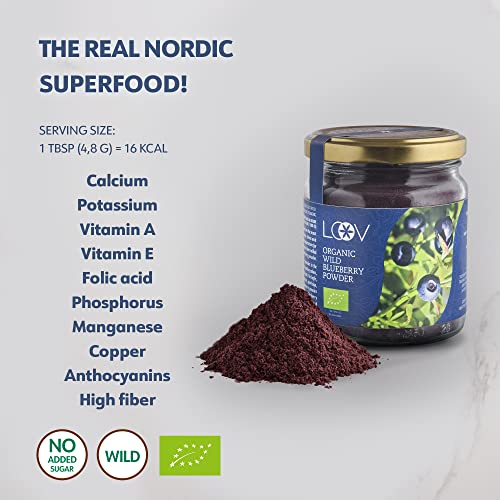 LOOV Wild Blueberry Powder Organic (Pomace Powder), Wild-Crafted from Nordic Forests, Made of Wild Bilberry Skins and Seeds Only, no Added Sugar, High in Fiber, 100 g