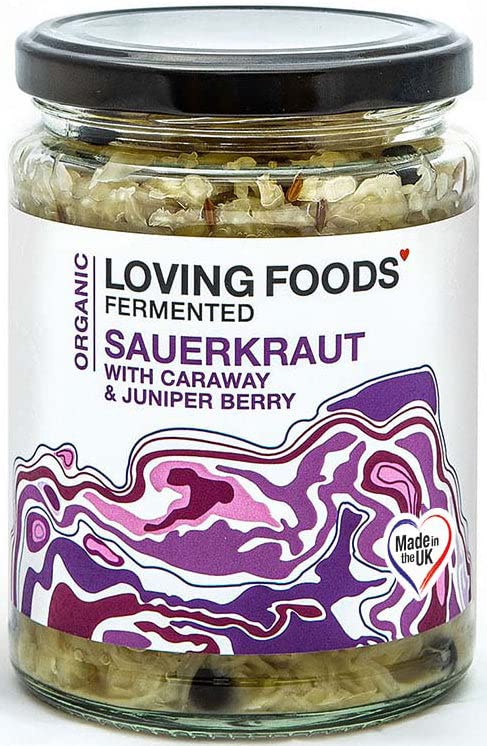 Loving Foods *Organic & Made in the UK* Caraway & Juniper Sauerkraut (475g) Raw, Unpasteurised & Bursting with Beneficial Live Bacteria (1 x Jar)