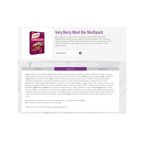 Slim Fast Meal Replacement Very Berry High Protein (4X Box of 4, Total 16 Bars)