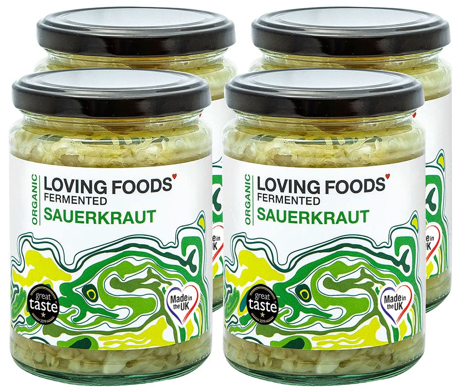 Loving Foods Award-Winning *Organic & Made in the UK* Sauerkraut (4 x 475g) Raw, Unpasteurised & Bursting with Beneficial Live Bacteria (4 x Jars)