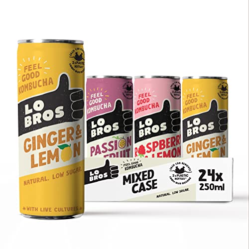 Lo Bros Kombucha - Mixed Pack - 250ml per Can - Pack of 24 - 100% natural, Low Calorie - Vegan, Gluten Free, Low Sugar, Live Cultures