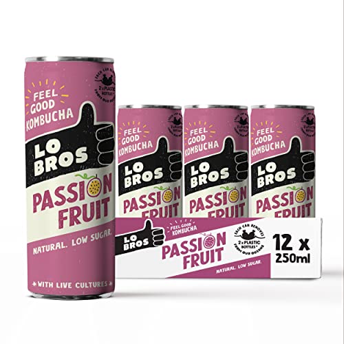 Lo Bros Kombucha - Passion Fruit - 250ml per Can - Pack of 12 - 100% Natural, Low Calorie - Vegan, Gluten Free, Low Sugar, Live Cultures