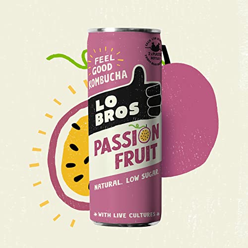 Lo Bros Kombucha - Passion Fruit - 250ml per Can - Pack of 12 - 100% Natural, Low Calorie - Vegan, Gluten Free, Low Sugar, Live Cultures