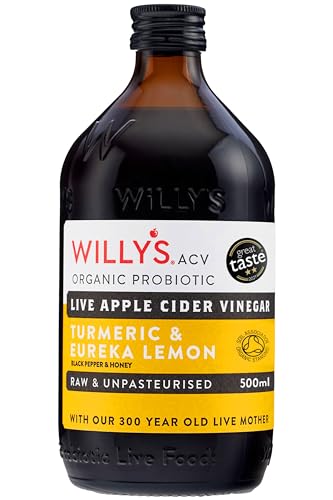 Willy's ACV Organic Live Probiotic Apple Cider Vinegar with Mother for Gut Health - Fresh Turmeric, Honey & Black Pepper (1 x 500ml), white