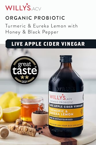 Willy's ACV Organic Live Probiotic Apple Cider Vinegar with Mother for Gut Health - Fresh Turmeric, Honey & Black Pepper (1 x 500ml), white