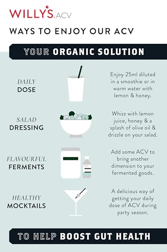 Willy's ACV Organic Live Probiotic Apple Cider Vinegar with Mother for Gut Health - Fresh Turmeric, Honey & Black Pepper (1 x 500ml), white