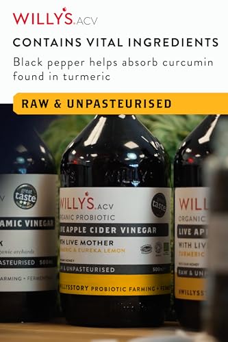 Willy's ACV Organic Live Probiotic Apple Cider Vinegar with Mother for Gut Health - Fresh Turmeric, Honey & Black Pepper (1 x 500ml), white