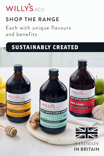 Willy's ACV Organic Live Probiotic Apple Cider Vinegar with Mother for Gut Health - Fresh Turmeric, Honey & Black Pepper (1 x 500ml), white