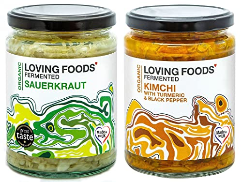 Loving Foods Award-Winning *Organic & Made in the UK* Sauerkraut & Kimchi with Turmeric and Black Pepper (2 x 475g) Raw, Unpasteurised & Bursting with Beneficial Live Bacteria (2 x Jars)