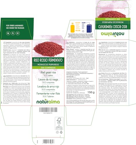 Red Yeast Rice (Oryza Sativa Fermented with Monascus purpureus Yeast) NATURALMA | 150 g | 300 Tablets of 500 mg | Food Supplement | Natural and Vegan