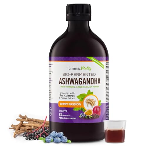 Ashwagandha KSM 66 Liquid Supplement with Turmeric, Probiotics & Digestive Enzymes for Mood & Gut Health - Natural Berry Passion Flavour