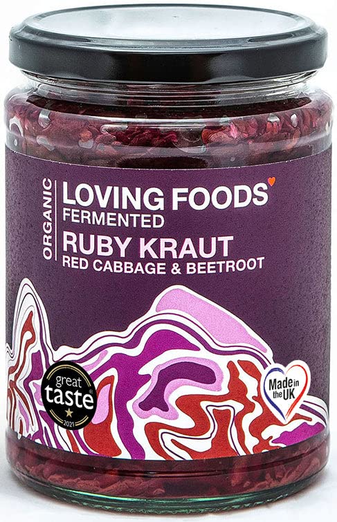 Loving Foods Award Winning *Organic & Made in the UK* Ruby Sauerkraut (475g) Raw, Unpasteurised & Bursting with Beneficial Live Bacteria (1 x Jar)