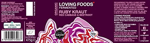 Loving Foods Award Winning *Organic & Made in the UK* Ruby Sauerkraut (475g) Raw, Unpasteurised & Bursting with Beneficial Live Bacteria (1 x Jar)