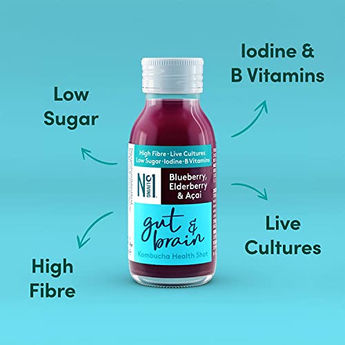 No.1 Living Kombucha Drink Health Shots - 10 x 60ml Bottles - High Fibre, Live Cultures, Low Sugar, 100% Natural, Vegan - Supporting Gut & Immune Health