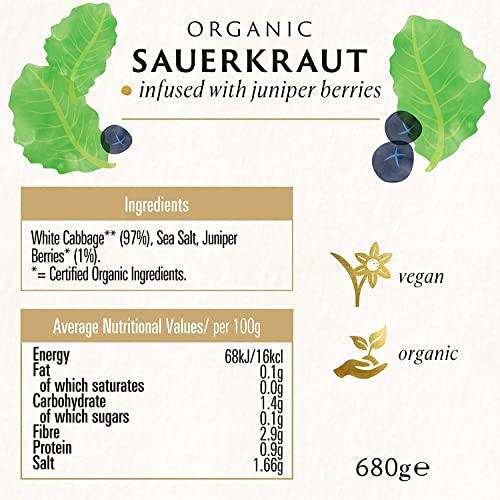 Biona Organic Sauerkraut 680g - Infused with Juniper Berries - Naturally Fermented Organic White Cabbage - Pasteurised - High in Protein, Naturally Vegan - No Additives