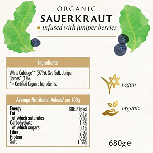 Biona Organic Sauerkraut 680g - Infused with Juniper Berries - Naturally Fermented Organic White Cabbage - Pasteurised - High in Protein, Naturally Vegan - No Additives