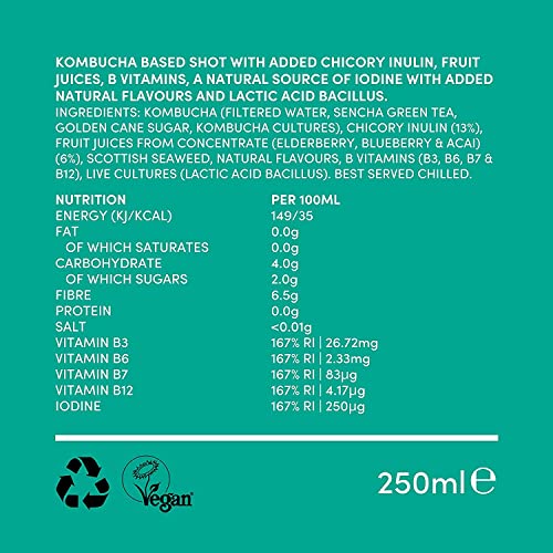 No.1 Living Kombucha Drink Health Shots - 10 x 60ml Bottles - High Fibre, Live Cultures, Low Sugar, 100% Natural, Vegan - Supporting Gut & Immune Health