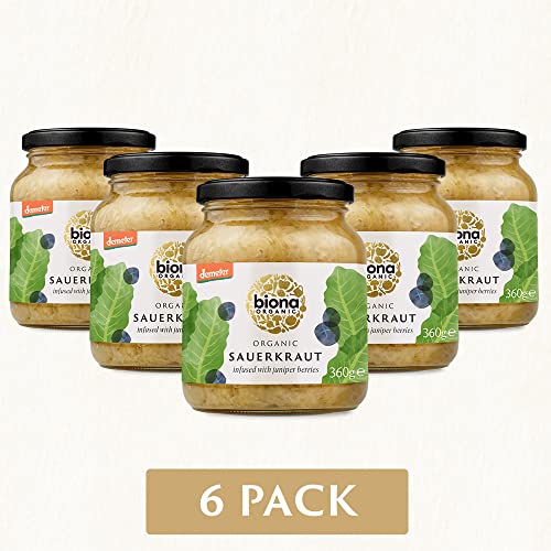 Biona Organic Sauerkraut 350 g, Pack of 6 - Infused with Juniper Berries - Fresh, Naturally Fermented Organic White Cabbage - Pasteurised - High in Protein, Naturally Vegan - No Additives