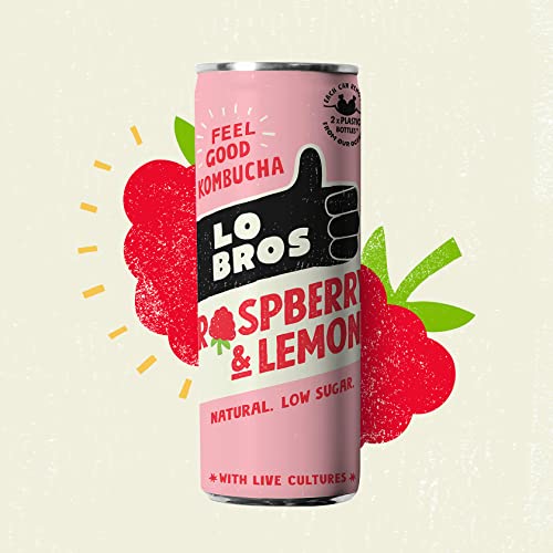 Lo Bros Kombucha - Raspberry & Lemon - 250ml per Can - Pack of 12 - 100% Natural, Low Calorie - Vegan, Gluten Free, Low Sugar, Live Cultures