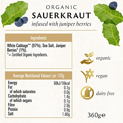 Biona Organic Sauerkraut 350 g, Pack of 6 - Infused with Juniper Berries - Fresh, Naturally Fermented Organic White Cabbage - Pasteurised - High in Protein, Naturally Vegan - No Additives