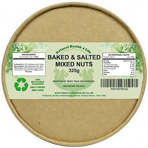Natural Health 4 Life Snack Nut Baked and Salted Mixed Nuts (Whole Almonds, Cashews, Pecans) No Peanuts 325 g in Recyclable Tub (1 Tub)