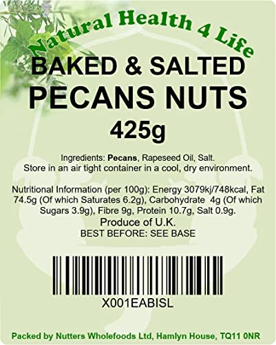 Natural Health 4 Life Snack Nut Baked and Salted Pecan Nuts 425 g in PET Gift Jar with Screw Lid (1 Jar)