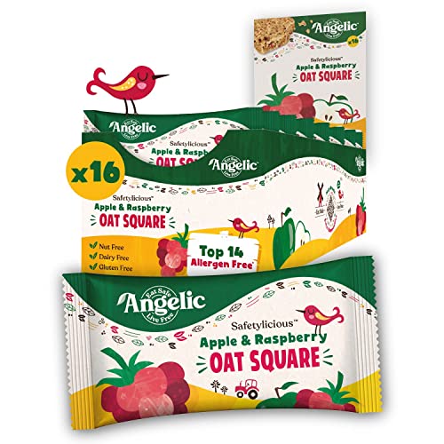 Angelic Free From 16 Pack Apple & Raspberry Oat Squares. Vegan Allergen Free Kids Snack Oat Bars For Snacks & Lunch Box. Nut, Gluten, Egg & Dairy Free Multipack Kids Snack Bars (16 x 30g Bars)
