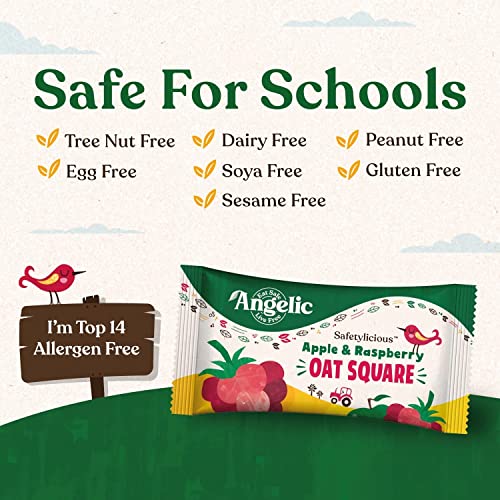 Angelic Free From 16 Pack Apple & Raspberry Oat Squares. Vegan Allergen Free Kids Snack Oat Bars For Snacks & Lunch Box. Nut, Gluten, Egg & Dairy Free Multipack Kids Snack Bars (16 x 30g Bars)