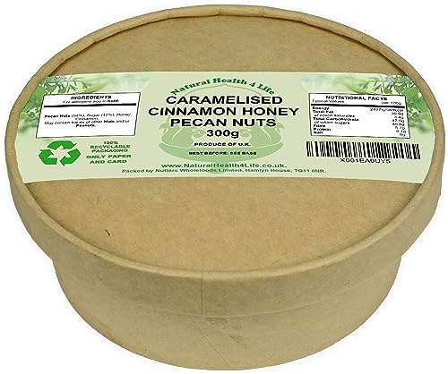 Natural Health 4 Life Snack Nut Caramelised Cinnamon Honey Pecan Nuts 300 g in Recyclable Tub (1 Tub)