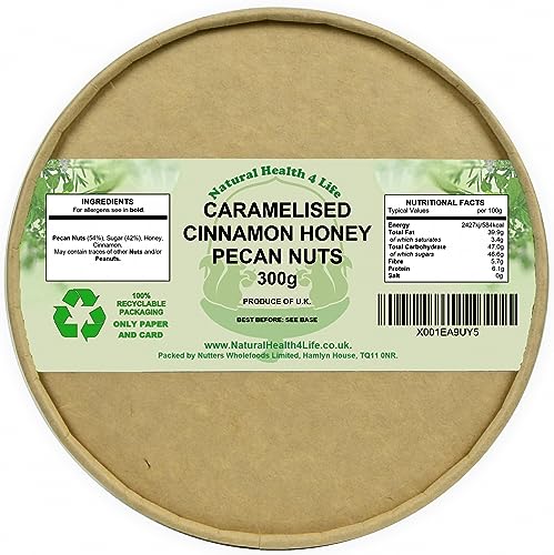 Natural Health 4 Life Snack Nut Caramelised Cinnamon Honey Pecan Nuts 300 g in Recyclable Tub (1 Tub)