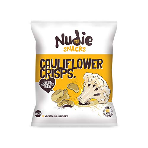 Healthy Snacks - Cauliflower Crisps by Nudie Snacks - Perfect Snack food for Kids Lunchboxes and Health Conscious Adults - 100% Vegan + Gluten Free - Cheese & Caramelised Onion Sharing Bag (80g Bags)