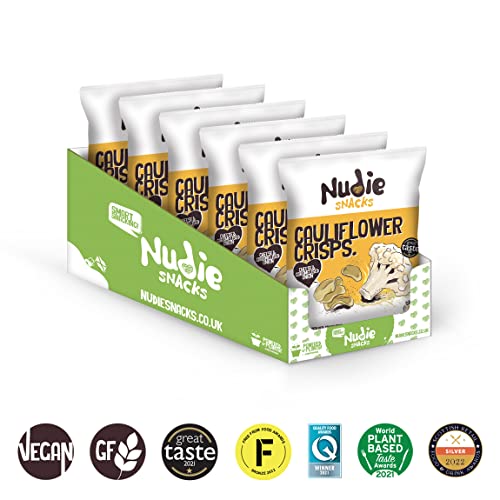 Healthy Snacks - Cauliflower Crisps by Nudie Snacks - Perfect Snack food for Kids Lunchboxes and Health Conscious Adults - 100% Vegan + Gluten Free - Cheese & Caramelised Onion Sharing Bag (80g Bags)