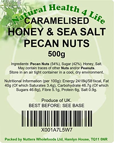 Natural Health 4 Life Snack Nut Caramelised Honey Salted Pecan Nuts 500 g in Recyclable Gift Jar with Screw Lid (1 Jar)
