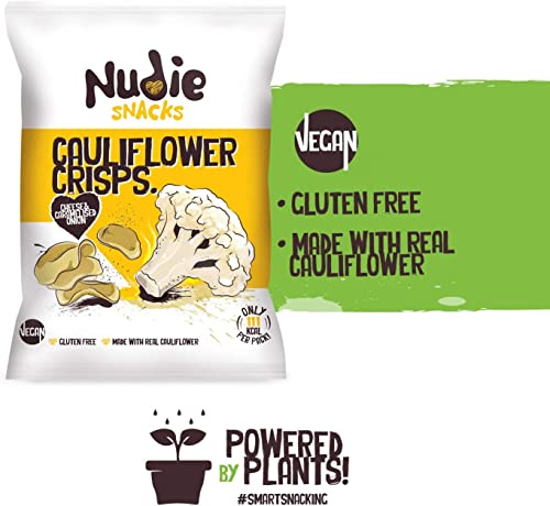 Healthy Snacks - Cauliflower Crisps by Nudie Snacks - Perfect Snack food for Kids Lunchboxes and Health Conscious Adults - 100% Vegan + Gluten Free - Cheese & Caramelised Onion Sharing Bag (80g Bags)