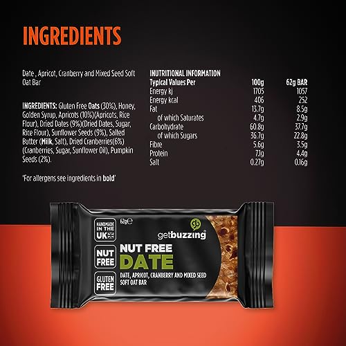Getbuzzing Nut Free Oat Flapjack - Healthy Snack & Energy Bars - Running, Gym, Cycling - Made in The UK - Date Pack of 20