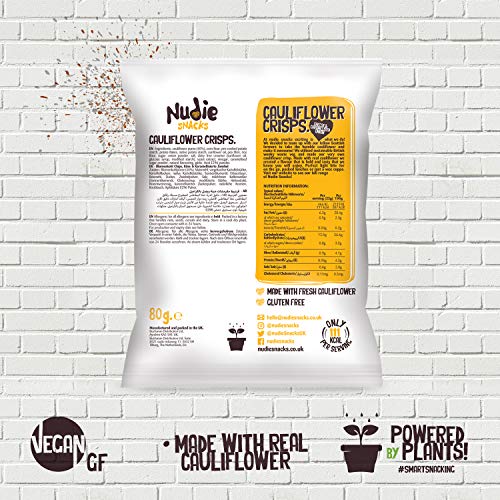 Healthy Snacks - Cauliflower Crisps by Nudie Snacks - Perfect Snack food for Kids Lunchboxes and Health Conscious Adults - 100% Vegan + Gluten Free - Cheese & Caramelised Onion Sharing Bag (80g Bags)