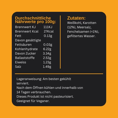 Carrot & Fennel Sauerkraut - Organic, Raw & Unpasteurised - Traditionally Fermented - 2 x 400g Jar - by The Cultured Food Company