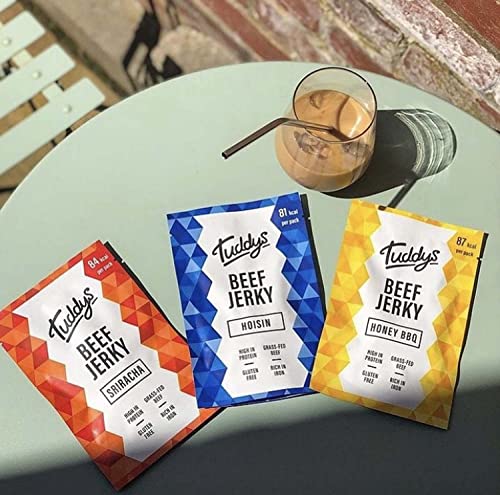 Tuddys Beef Jerky - Variety Pack | Hoisin, Sriracha, Honey BBQ | 28g x 12 Pack | High Protein Beef Snack | Ready to Eat | Rich in Iron | Gluten Free | 4 Packs of Each