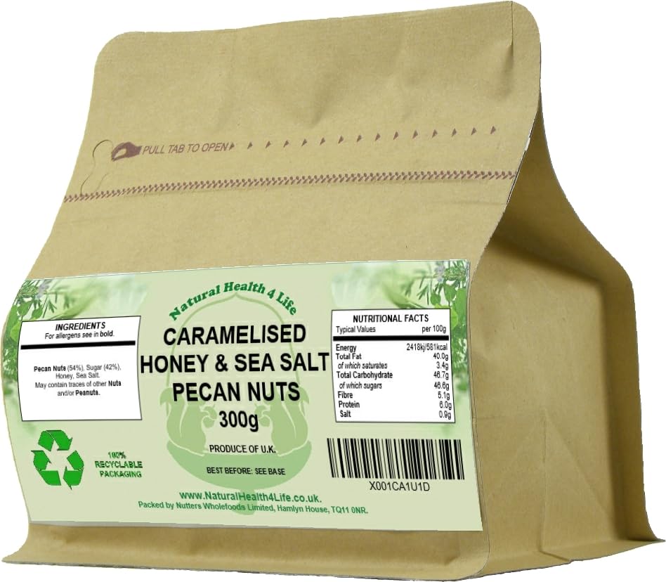 Natural Health 4 Life Snack Nut Caramelised Honey Salted Pecan Nuts 300 g in Recyclable Kraft Pouch (1 Pouch)