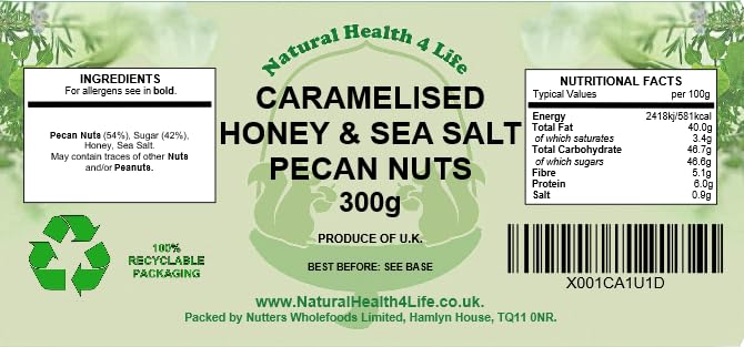 Natural Health 4 Life Snack Nut Caramelised Honey Salted Pecan Nuts 300 g in Recyclable Kraft Pouch (1 Pouch)