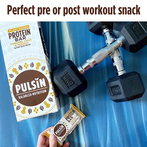 Pulsin - Caramel Choc & Peanut Vegan Protein Bars - 18 x 50g - 13g Protein, 5.1g Fibre, 240 Kcal Per Serving - Gluten Free, Plant Based, Palm Oil Free & Dairy Free Snack Bar
