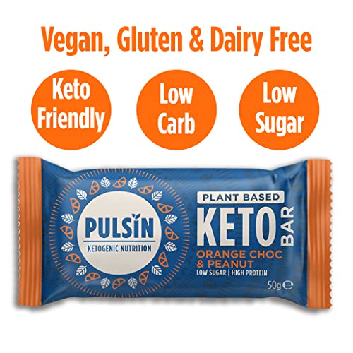 Pulsin - Plant Based Keto Protein Bars- Low Carb - 50g x18-12.7g Protein, 9.3g Fibre, 8.5g Carbs - Gluten, Palm Oil & Dairy Free Snack Bar - Orange Choc Chip
