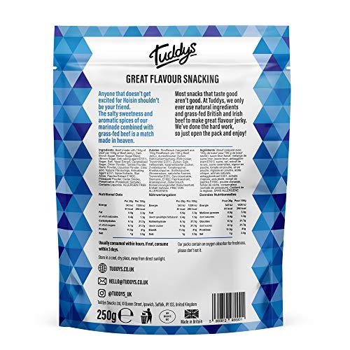 Tuddys Beef Jerky - Hoisin | 250g Pack | High Protein Beef Snack | Ready to Eat | Rich in Iron | Salty Sweetness and Aromatic Spices Combined with Grass-Fed Beef | Gluten Free