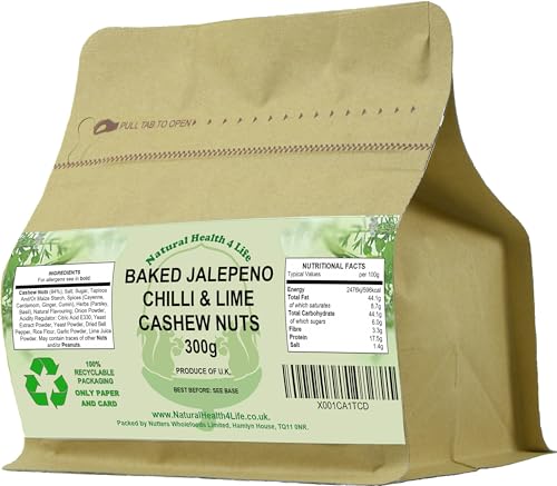 Natural Health 4 Life Snack Nut Baked and Salted Jalapeno Chilli and Lime Cashew Nuts (Cashews) in Recyclable Pouch 300g (1 Pouch)