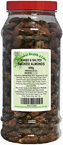 Natural Health 4 Life Snack Nut Baked and Salted Smoked Flavoured Almond Nuts 600 g in Recyclable Gift Jar with Screw Lid (1 Jar)