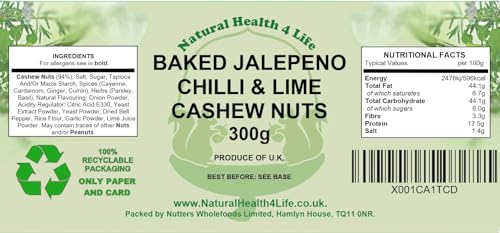 Natural Health 4 Life Snack Nut Baked and Salted Jalapeno Chilli and Lime Cashew Nuts (Cashews) in Recyclable Pouch 300g (1 Pouch)